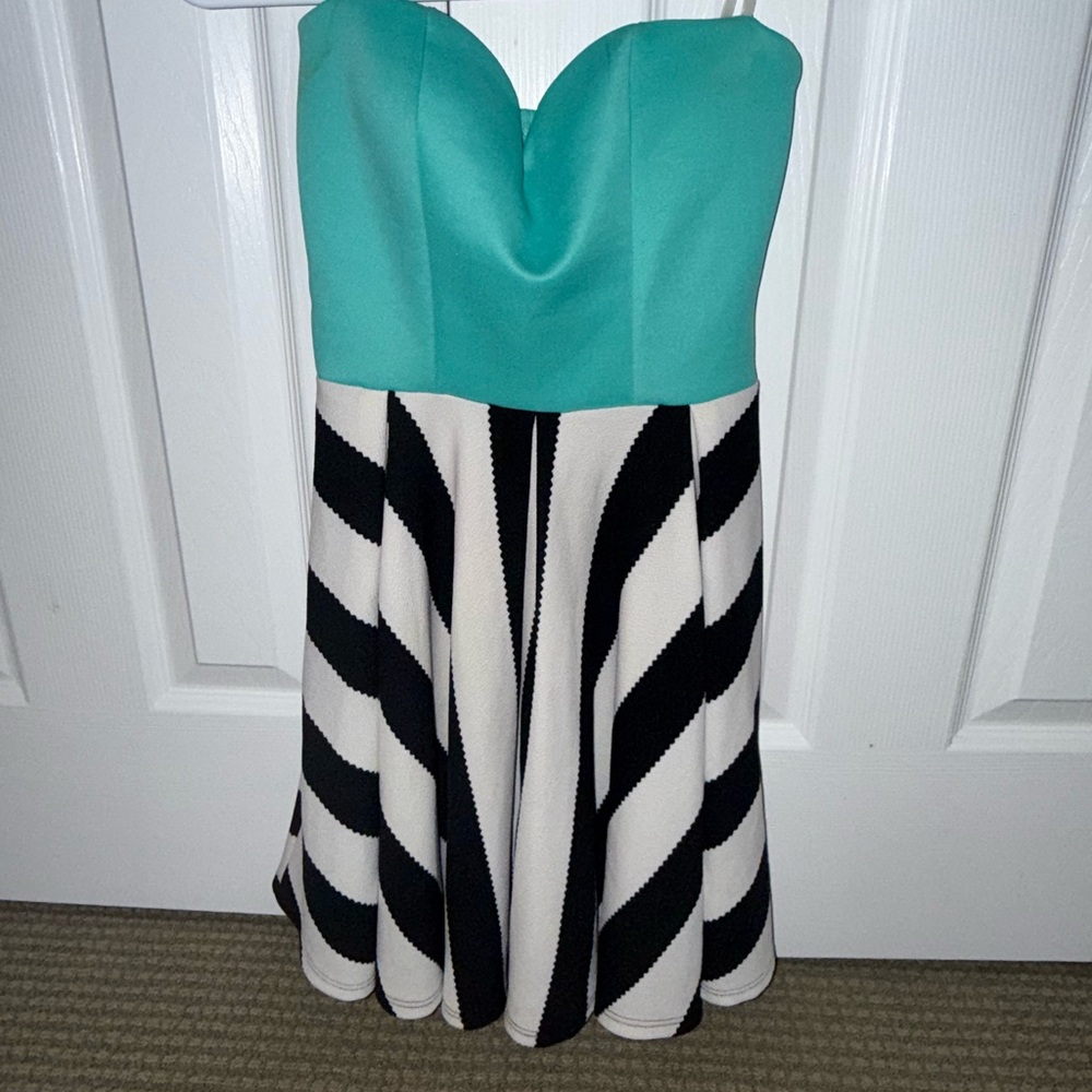 Strapless Teal and Black Striped Dress